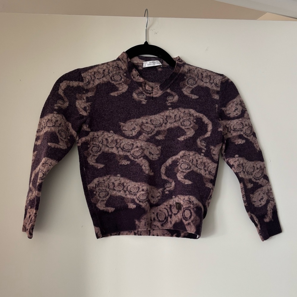 Authentic Versace Collection Tiger Motif Crewneck Sweater - Plum & Taupe
